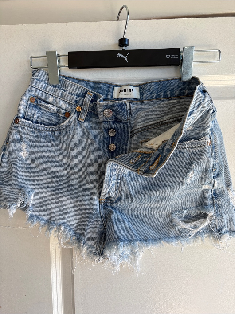 Agolde Parker Faded Light Blue Distressed Denim Cutoff Shorts